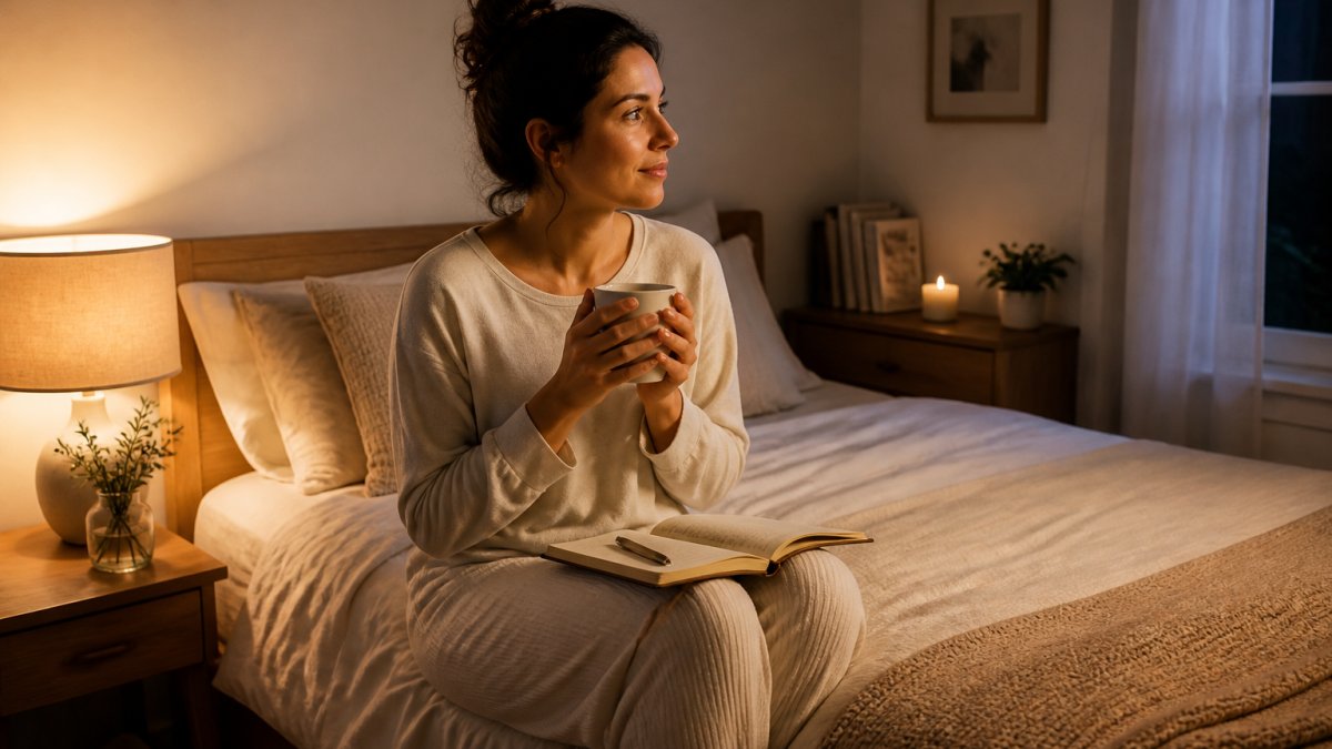 Person sitting on edge of bed in soft warm lighting, wearing comfortable clothing, holding a warm mug, with a journal on lap in a calm, minimalist bedroom with soft natural textures