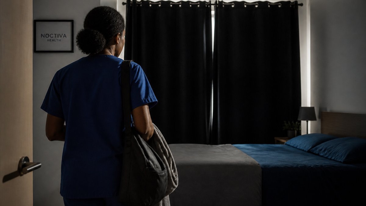 Shift worker in hospital scrubs entering a darkened bedroom with heavy blackout curtains and minimal furniture, preparing for daytime sleep after a night shift