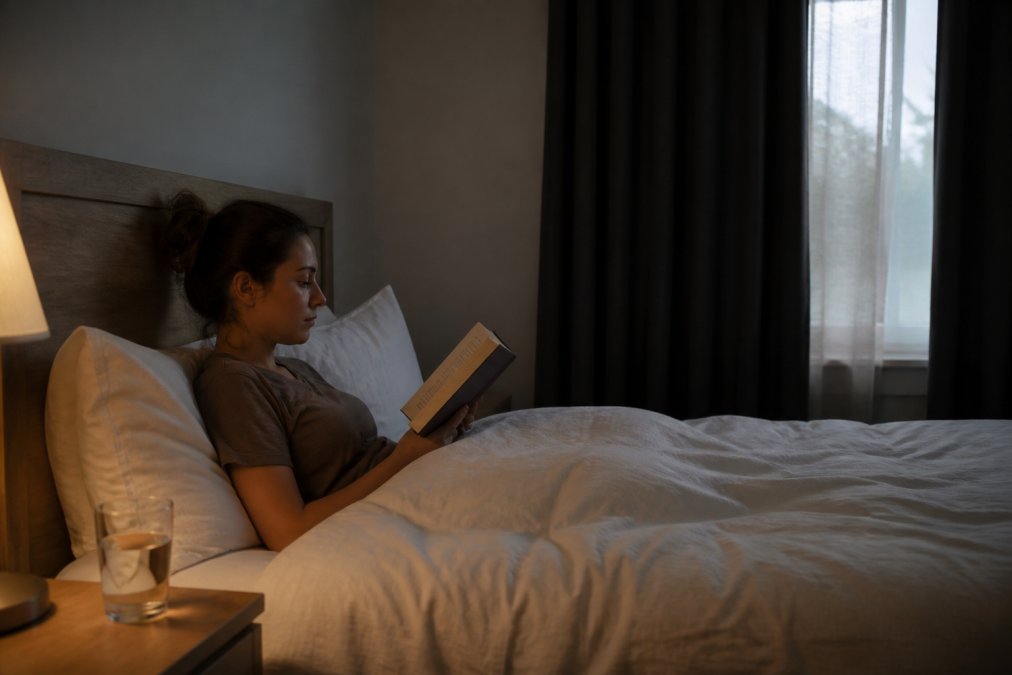 A tidy, dimly lit bedroom with blackout curtains half-drawn, a glass of water on the bedside table, and a person reading a paperback book in bed, looking relaxed and unhurried