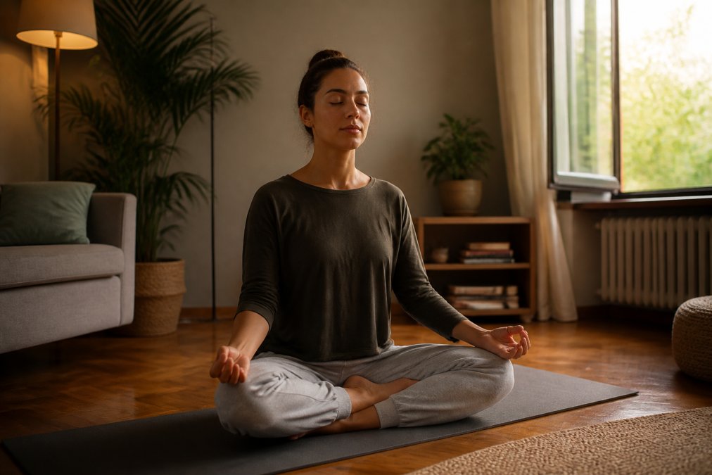 A person sitting cross-legged on a yoga mat in a softly lit living room, eyes closed, hands resting on knees in a calm breathing posture, warm evening light filtering through a half-open window