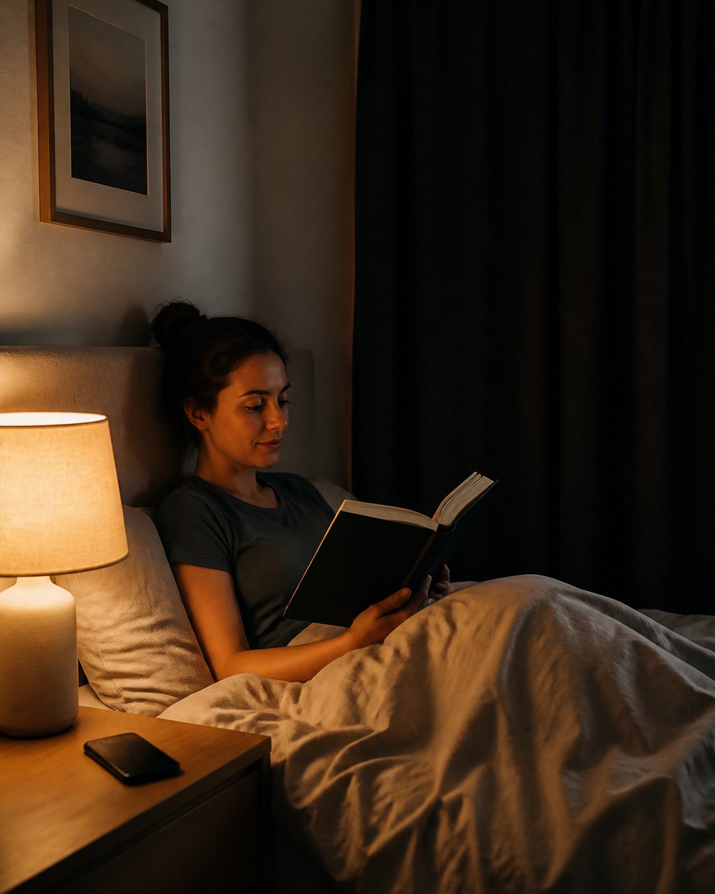 Person reading a book in a dimly lit bedroom with a phone placed face-down on a nightstand for a calm sleep environment