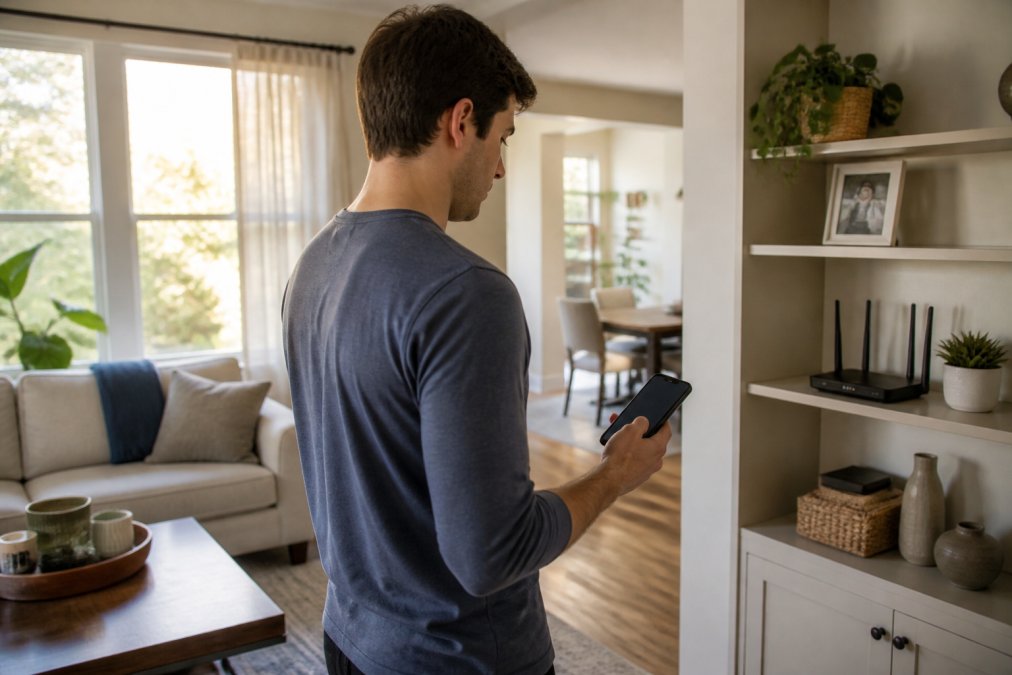 Homeowner checking a smart home wifi signal on their smartphone near a router in a sunlit living room
