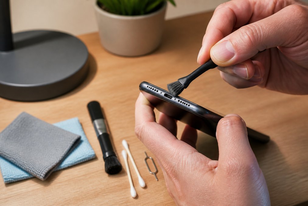 Close-up of a hand using a soft-bristled brush to gently sweep debris from the speaker grille at the bottom of a smartphone held in the other hand, bright desk lamp lighting the detail