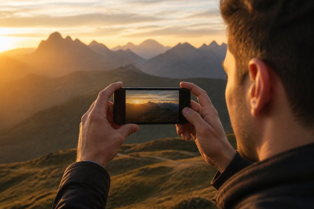 Person holding a smartphone outdoors during golden hour, framing a landscape shot with the camera grid lines visible on screen, warm amber light falling across a mountain landscape in the background