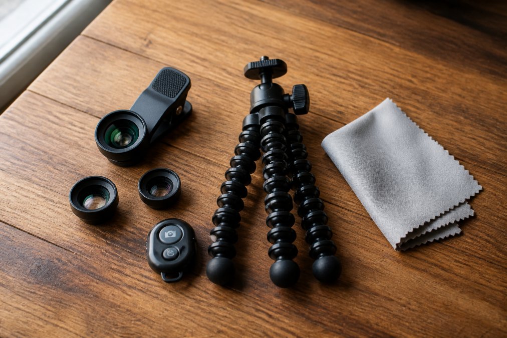 Flat lay of smartphone photography accessories arranged on a warm wooden surface: a clip-on lens kit with multiple glass elements, a compact flexible tripod, a small Bluetooth shutter remote, and a folded microfiber lens cloth, natural daylight from the left