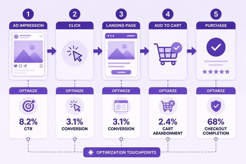 Flowchart showing customer journey optimization: Ad Impression → Click → Landing Page → Add to Cart → Purchase, with optimization touchpoints at each stage showing key metrics (8.2% CTR, 3.1% conversion, 2.4% cart abandonment, 68% checkout completion)