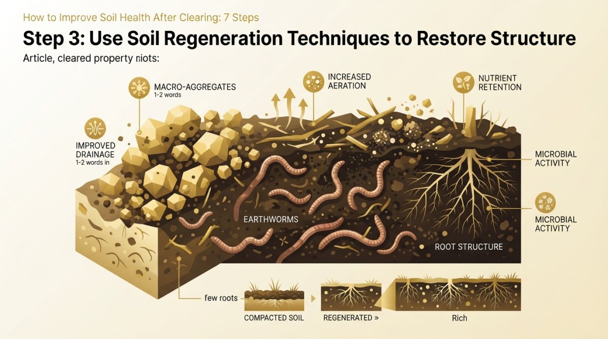 Close-up of rich, dark soil with visible organic matter, earthworms, and root structure in a cleared property showing healthy soil recovery