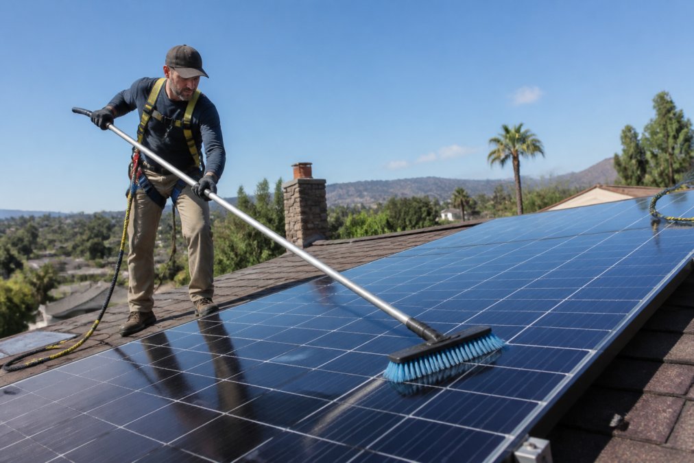 Technician using a soft brush on a roof to maintain solar panel efficiency safely