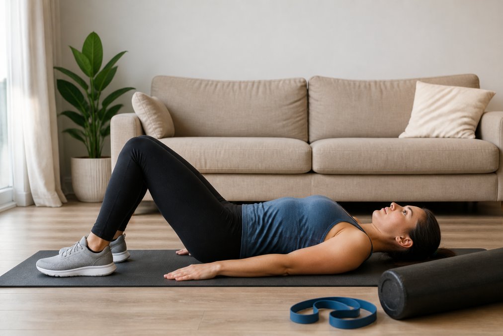 A person in comfortable athletic clothing performing a gentle pelvic tilt exercise on a yoga mat in a bright living room, with a foam roller and exercise band nearby