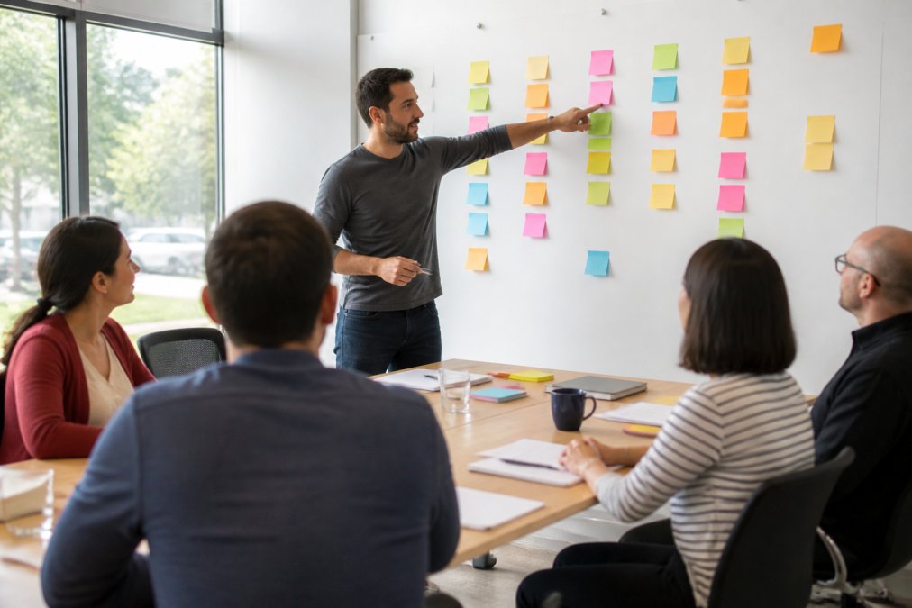 A Scrum Master facilitating a sprint planning session with a small team around a table, pointing at a task board on the wall, bright meeting room with natural light