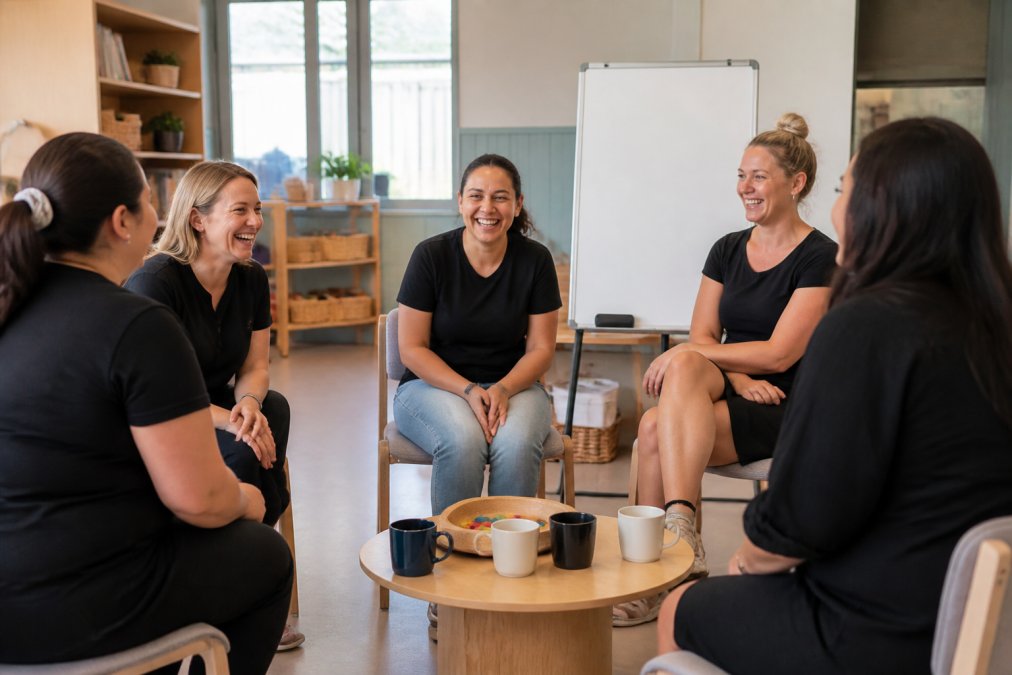 Early childhood educators laughing together in a circle to boost staff morale during a team meeting icebreaker