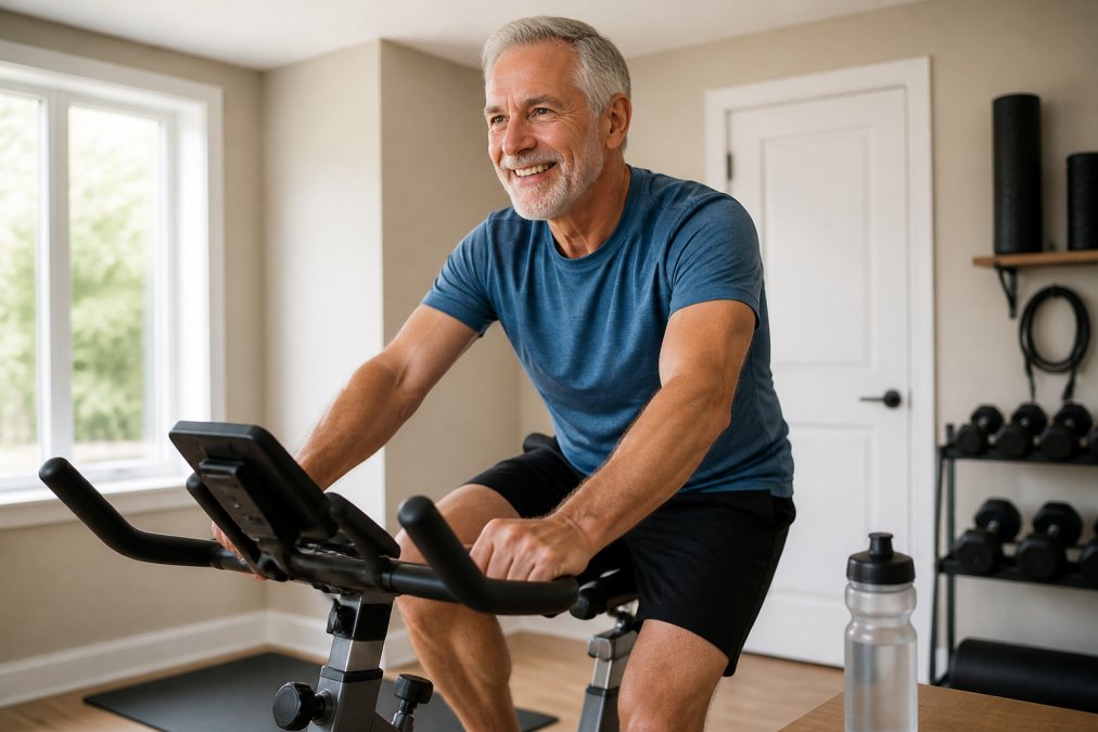 Fit man in his 60s riding a stationary bike to improve stamina naturally in a bright home gym