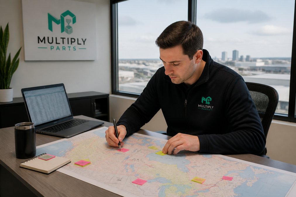 A supply chain manager reviewing a large printed map of supplier locations on a desk in a bright Canadian office, with a laptop showing logistics data and sticky notes marking critical nodes
