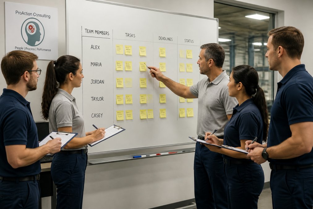 Five professionals in a manufacturing office practicing team accountability while reviewing project deadlines on a