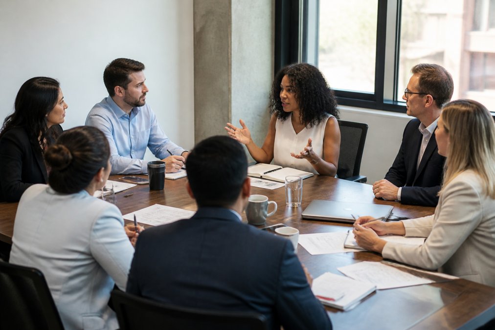 Professional leadership team gathered around a conference table during a meeting, engaged in discussion with open body language, visible notes and laptops on the table, natural office lighting
