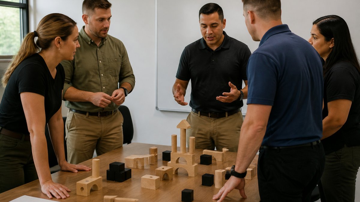A small team in business casual clothing standing around a table with a building-block exercise, one person giving instructions while others listen and react, bright training room with a whiteboard in the background