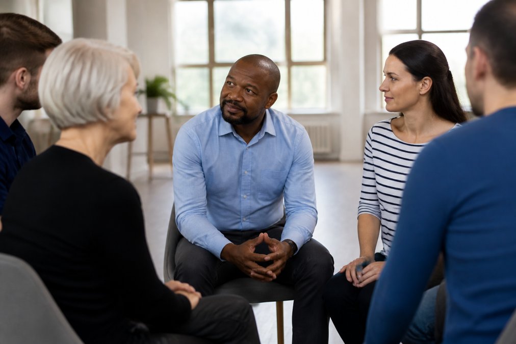 Team leader practicing active listening and team communication skills with colleagues in a bright meeting room.