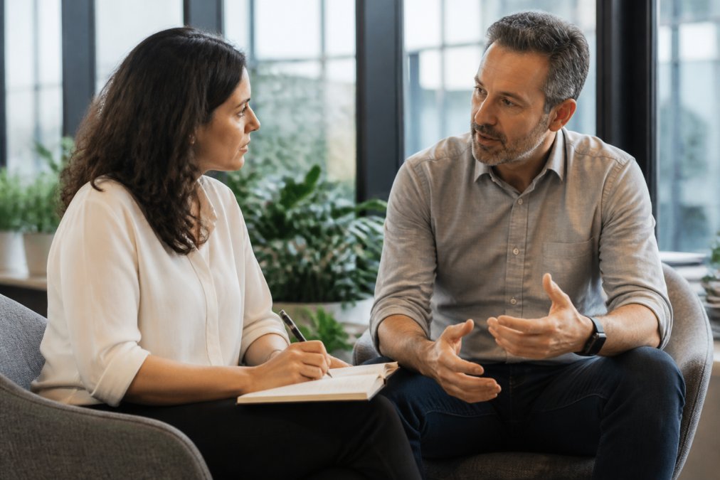Two professionals in modern office setting having a calm, focused conversation, one actively listening and taking notes, natural window lighting