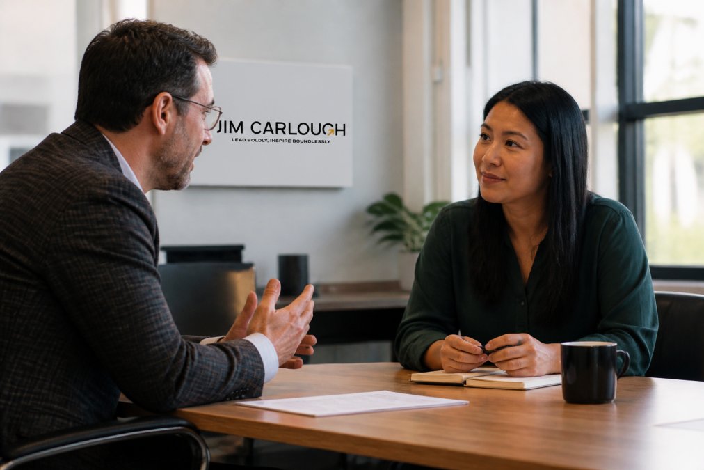Manager and team member having a focused one-on-one conversation at a table in a modern office, both leaning forward with engaged body language, natural window lighting