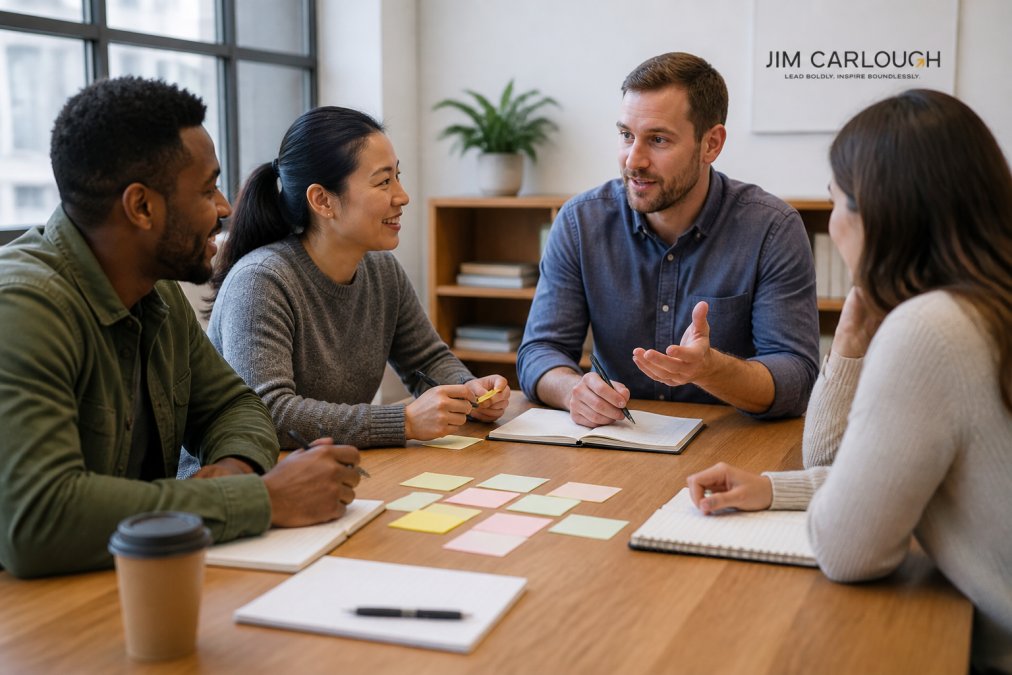 Team members in a collaborative meeting discussing feedback around a table with notebooks and sticky notes visible, natural office lighting, engaged expressions