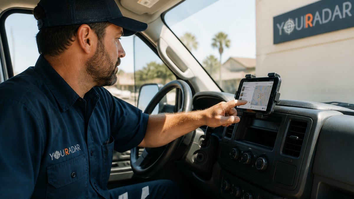 Professional technician in work uniform checking mobile device mounted on truck dashboard displaying GPS location mapping and job queue, with service vehicle interior visible in natural daylight
