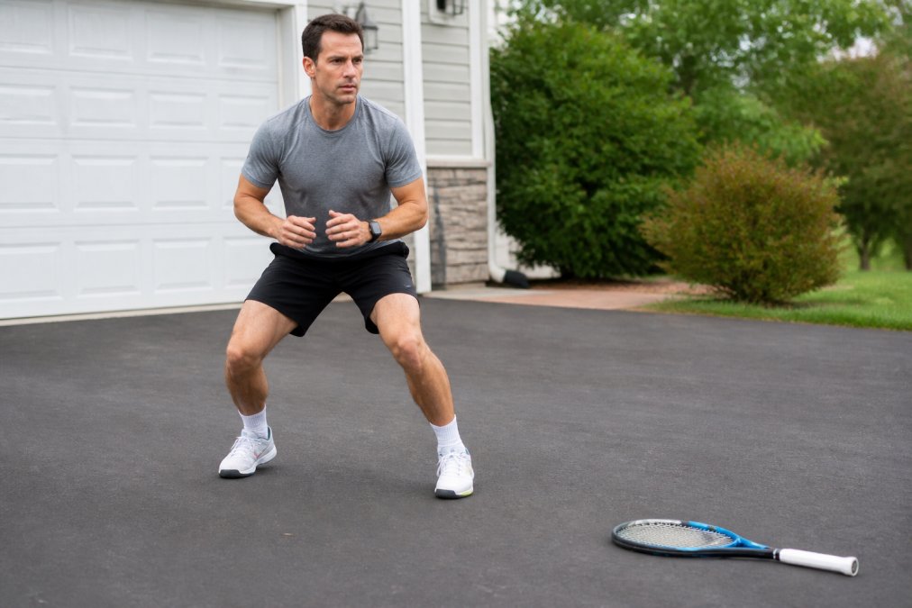 A tennis player in athletic wear performing a split step on a driveway hard surface, knees bent, weight on the balls of the feet, with a tennis racket lying nearby on the ground