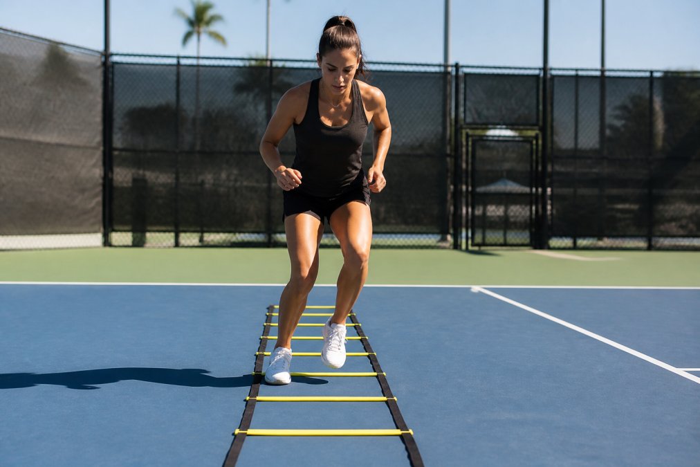 Competitive tennis player executing a speed ladder drill on hard court, feet moving rapidly through the ladder rungs with intense focus, demonstrating foot placement and coordination with proper athletic posture