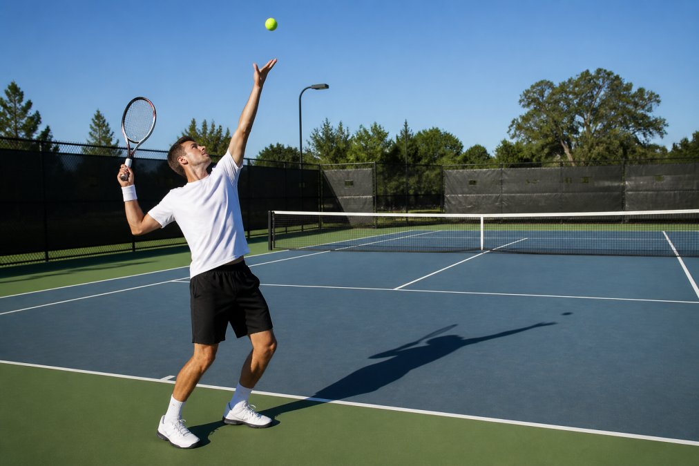 Close-up side view of a tennis player at the peak of their serve toss on a hard court, arm fully extended with fingertips releasing the ball upward, racket ready behind the head, late afternoon sun casting a long shadow