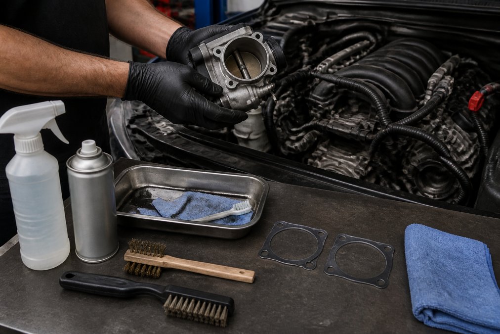 Mechanic's hands carefully removing a throttle body from an engine bay with cleaning supplies, wire brushes, and gaskets organized on a workbench