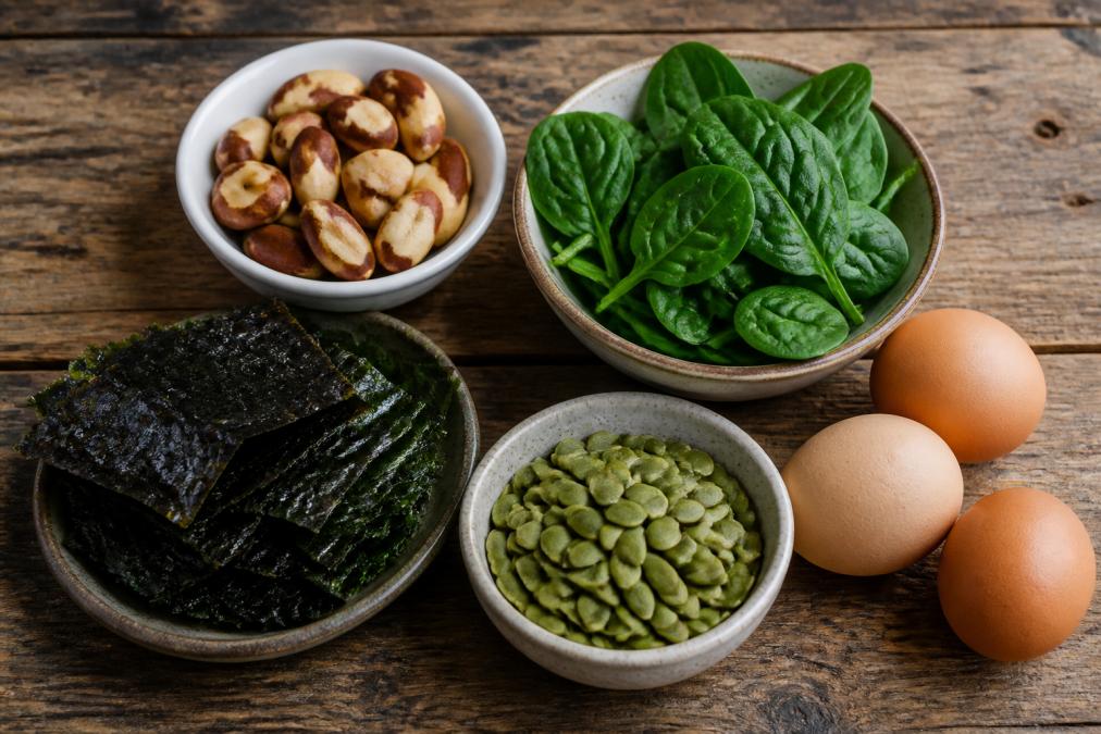 Flat lay of thyroid-supportive foods arranged on a worn wooden surface: Brazil nuts, dried seaweed strips, whole eggs, pumpkin seeds, and dark leafy greens lit by soft natural window light