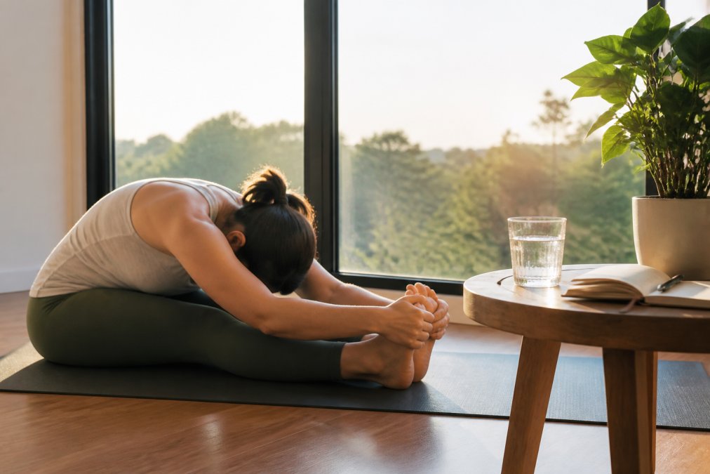 A woman in her early 40s performing a gentle seated forward fold yoga stretch near a floor-to-ceiling window with morning sunlight streaming in, a glass of water and an open journal resting on a wooden side table beside her