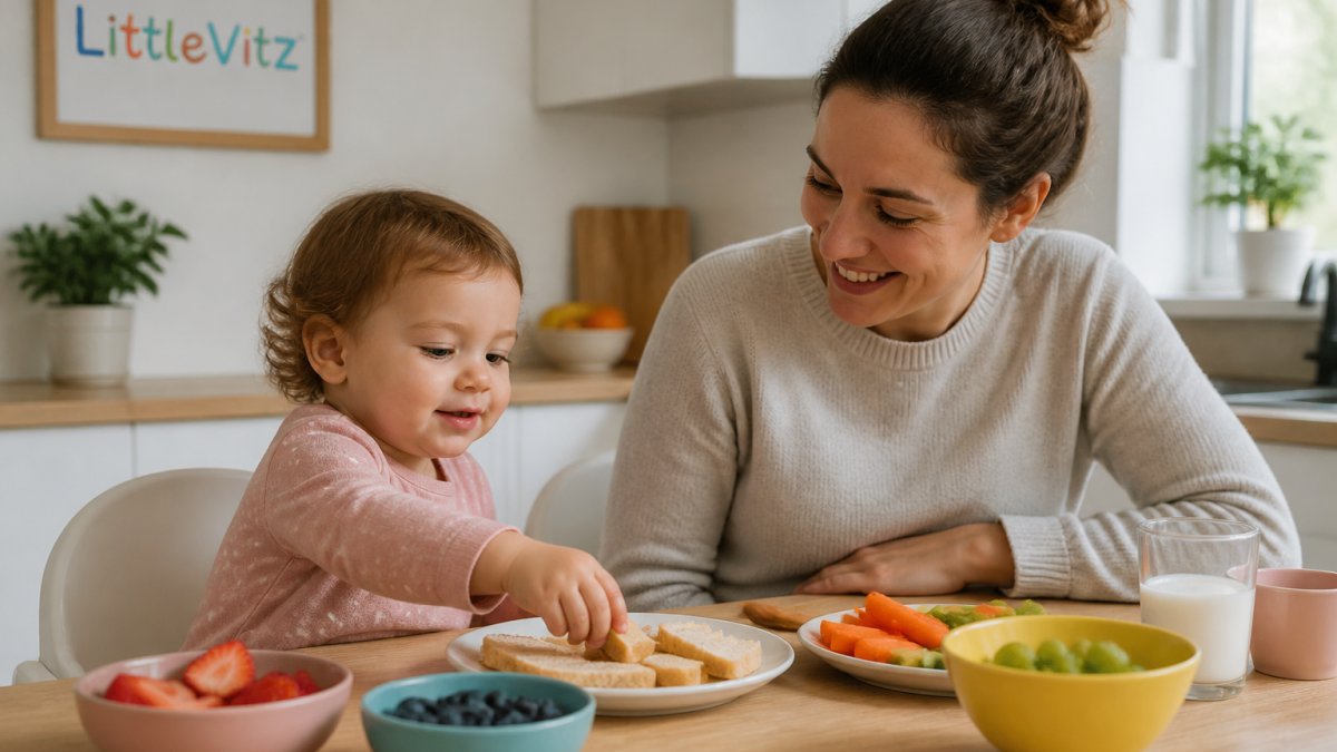 A parent and toddler sitting together at a bright kitchen table with small colourful bowls of fruit, vegetables and toast, the toddler reaching for a piece of food while the parent smiles warmly