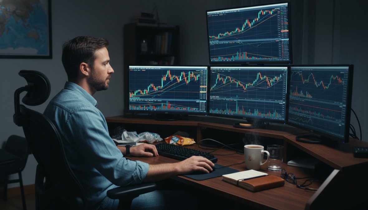 A focused trader sitting at a multi-monitor trading desk at night, screens displaying candlestick charts with colored indicator overlays including RSI and moving average lines, a coffee cup sitting on the desk beside a mechanical keyboard