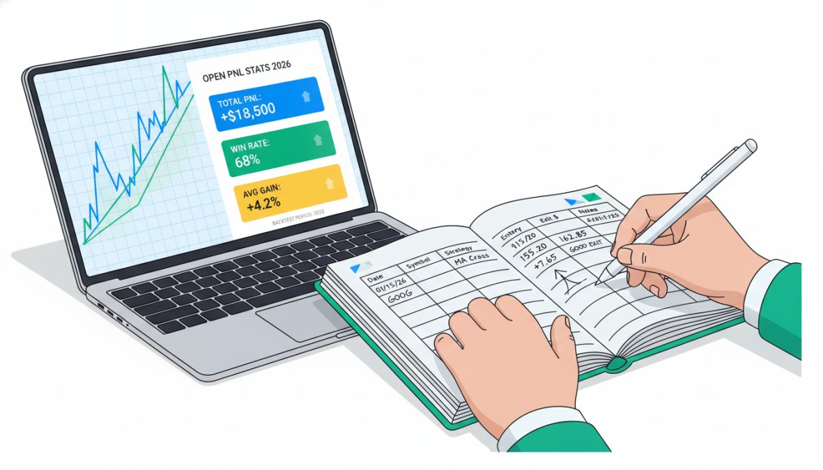 Close-up of a trader's hands writing detailed notes in a trading journal with a pen, a laptop open beside them showing a brokerage platform with open PnL statistics and trade history visible on the screen, warm desk lamp lighting
