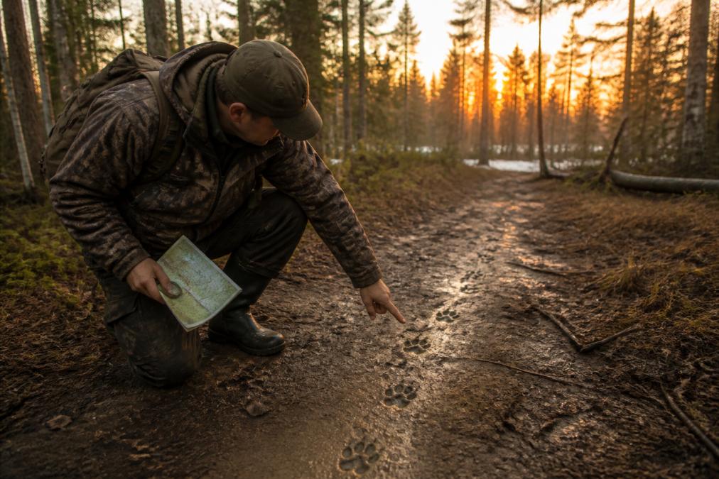 Trapper examines coyote tracks on a muddy trail to identify a trap set location at dawn.