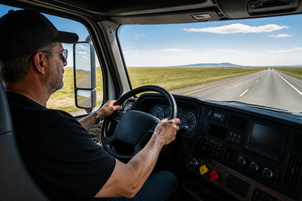 Truck driver using cruise control on an open highway to improve truck fuel efficiency during a daytime trip