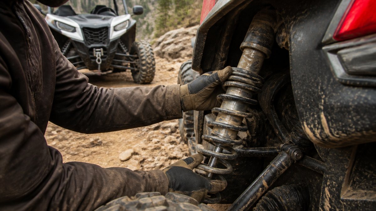 Rider wearing gloves inspecting a UTV shock absorber for leaks on a rocky trailside