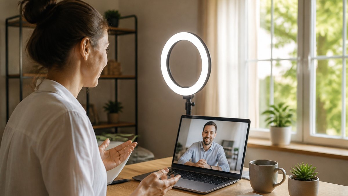 Person on a video call with a ring light positioned at face level, warm natural light streaming from a window beside the desk, and a clear, well-lit face visible on the screen