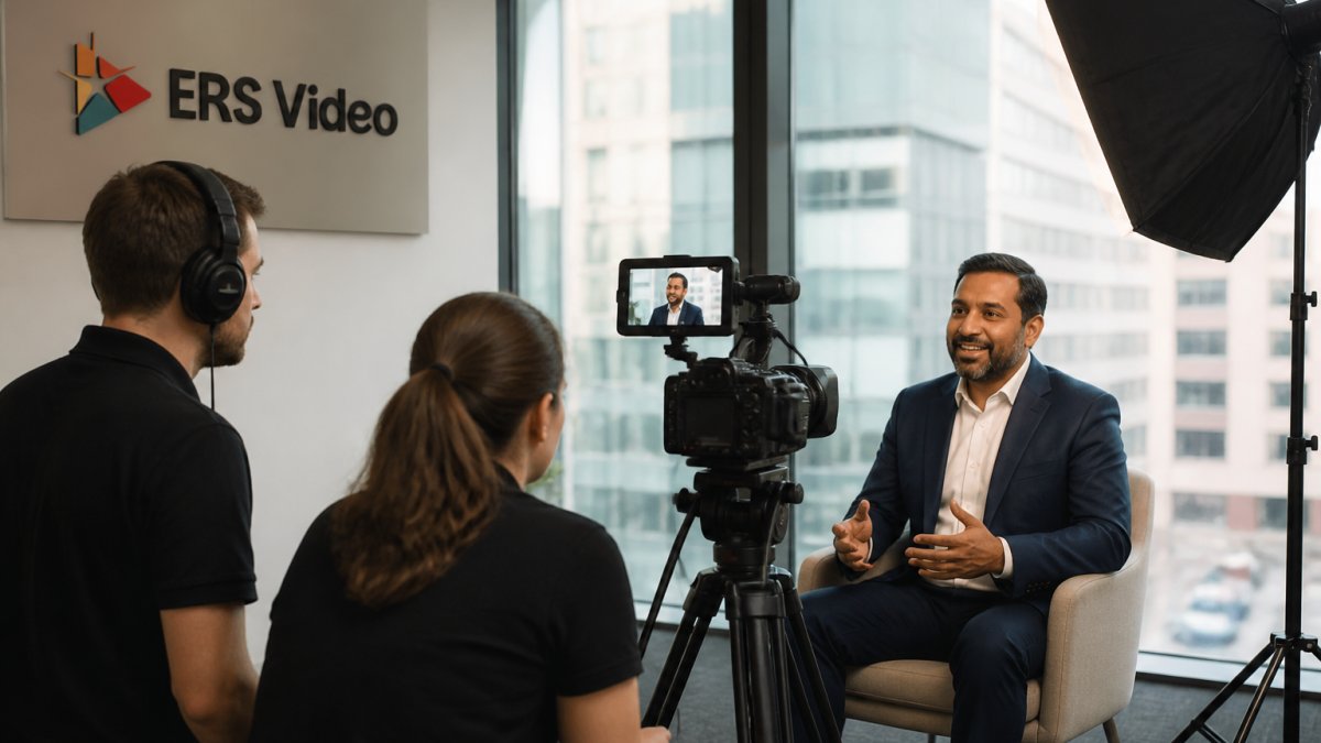 A small video production crew filming an interview with a business owner in a bright office, with a camera on a tripod and softbox lighting visible in the background