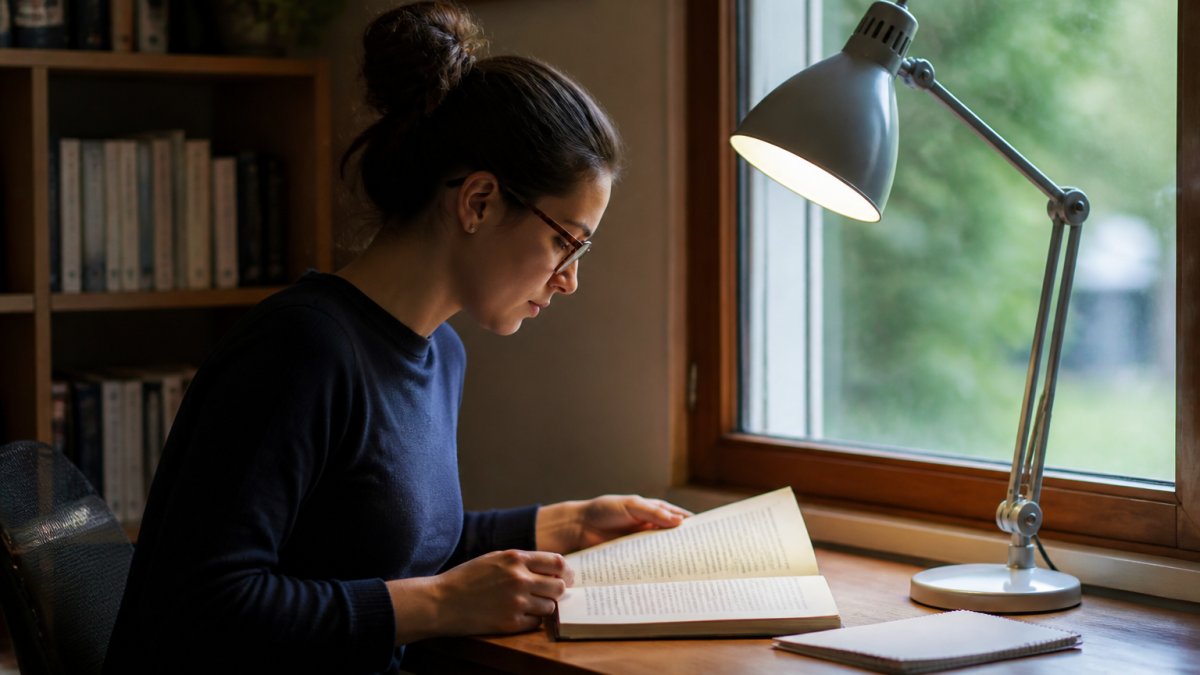 A person reading a book at a wooden desk beside a bright window, with a warm adjustable lamp angled over the page and a notebook nearby