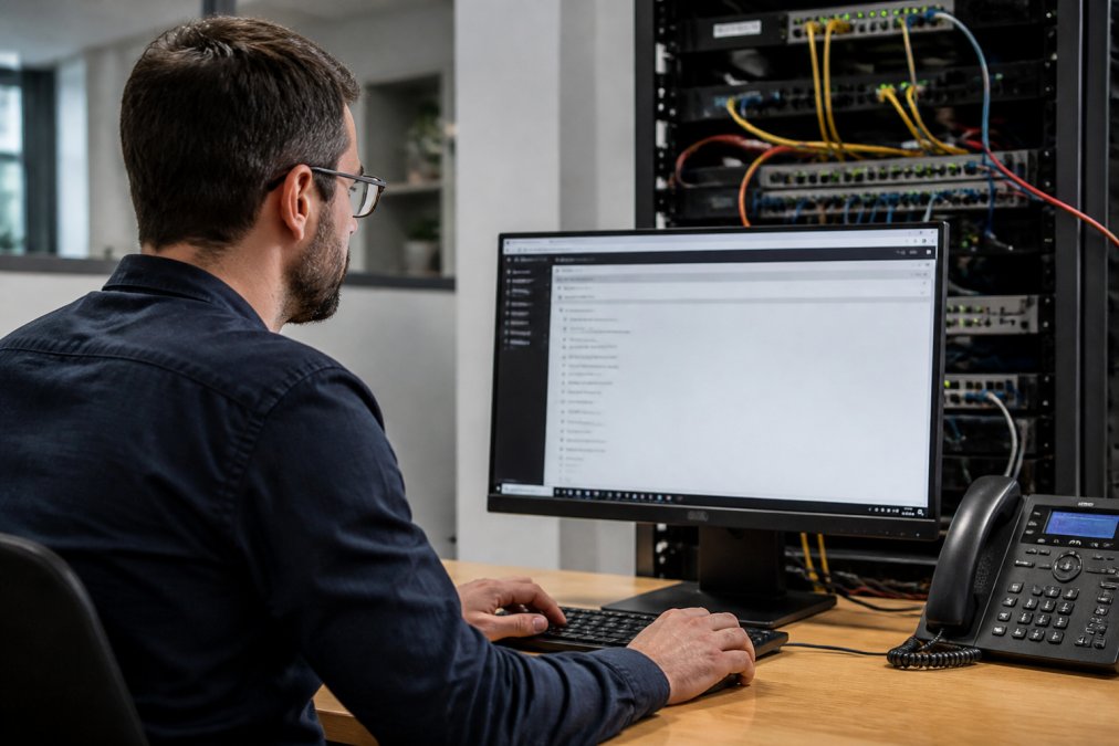 IT professional sitting at desk configuring router settings on a computer monitor with network cables and equipment visible in the background, focused on the screen in a modern office setting