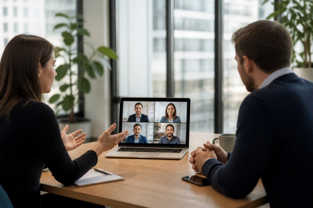 Business team in a video conference call on a laptop with clear audio and focused expressions, modern office setting with natural light from windows