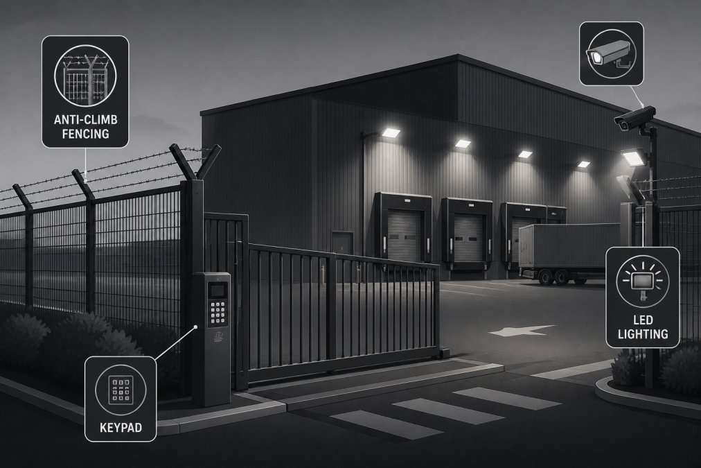 Wide-angle view of a secure warehouse perimeter showing reinforced metal fencing with anti-climb features, electronic gate with keypad entry, and bright LED lighting illuminating the loading dock area at dusk