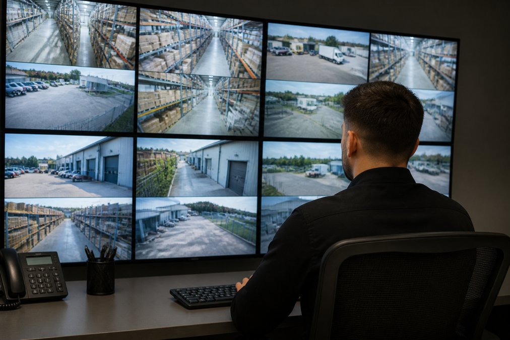 Security control room interior with multiple monitors displaying live CCTV feeds from different warehouse zones, loading dock, inventory aisles, perimeter fencing, with a security operator seated at desk reviewing footage on a central display