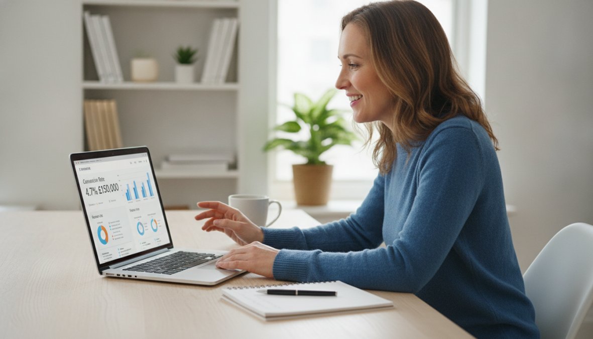 A small business owner reviewing website analytics on a laptop screen at a tidy wooden desk, natural window light illuminating conversion metrics and visitor data on the screen