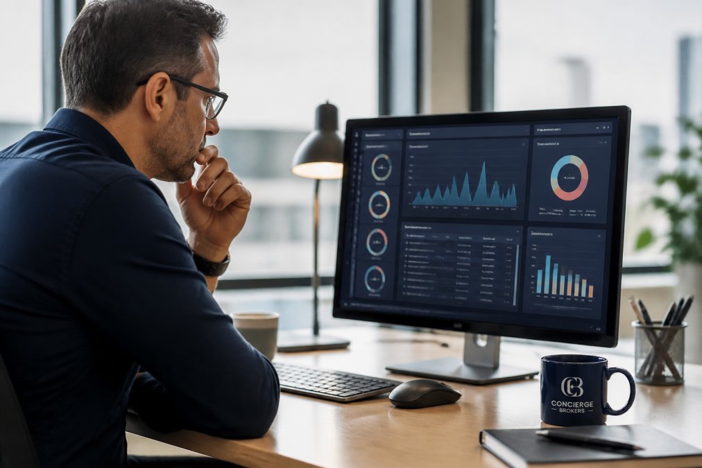 CTO or technical director reviewing website performance metrics on a desktop monitor displaying analytics dashboard with real-time data in a modern office environment