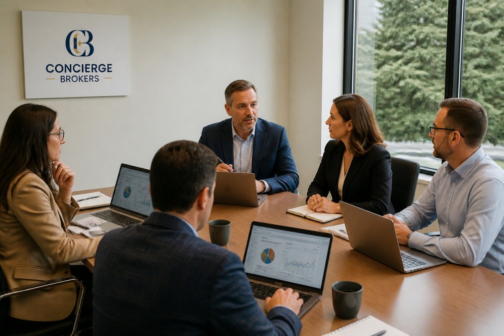 B2B marketing team collaborating around a conference table with laptops displaying conversion metrics and lead generation dashboards, discussing performance data with charts visible on screens
