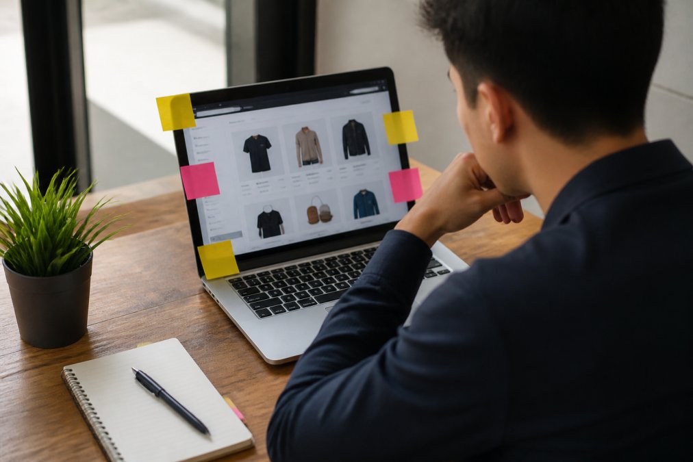 Store owner reviewing website usability on a laptop with notes at a desk
