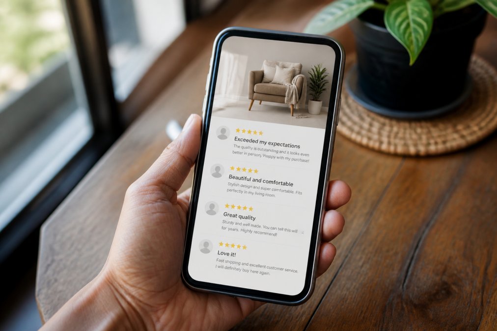 Close-up of a smartphone screen displaying customer reviews with star ratings and positive feedback on a product page, with natural daylight illuminating the screen