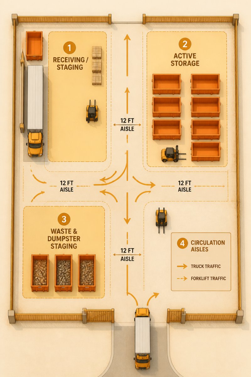 Diagram of a commercial yard layout optimizing yard space efficiency through traffic zones and storage lanes.